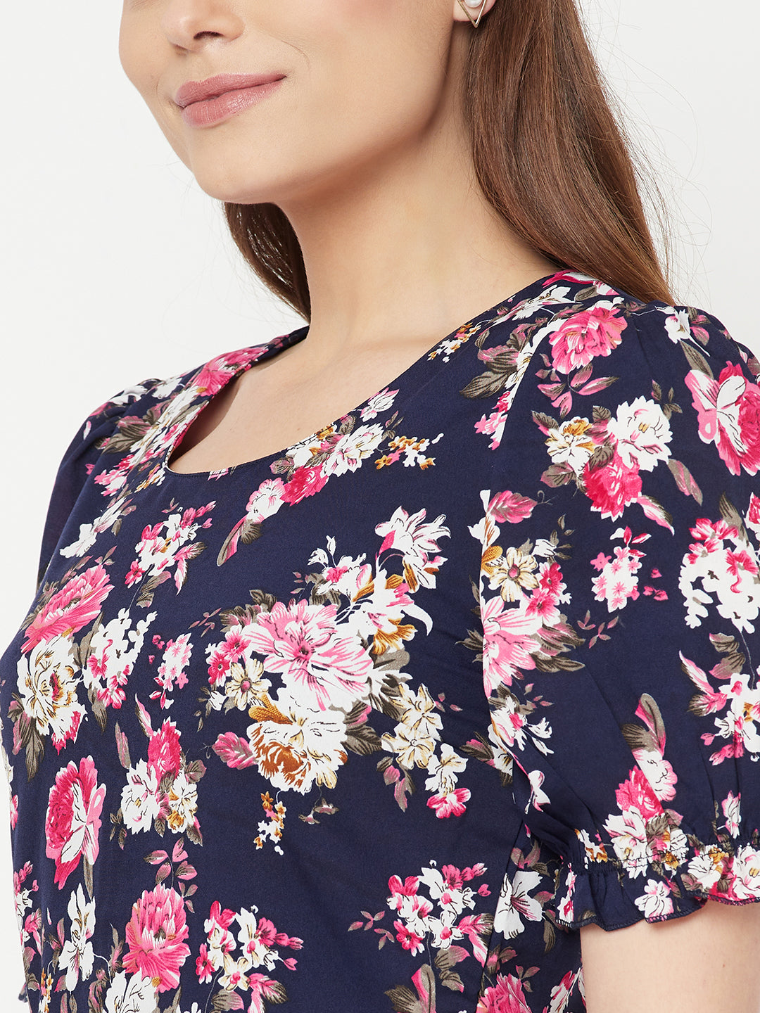 Floral Printed A line short dress with puff sleeve & lining for women.