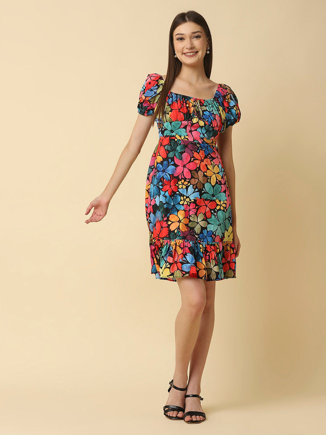 A floral printed empire waist short dress with gathered sleeves is a stylish and feminine dress that would be perfect for a variety of occasions. The empire waist style of the dress is defined by a high waistline that sits just below the bust, giving the dress a flowy and relaxed fit.