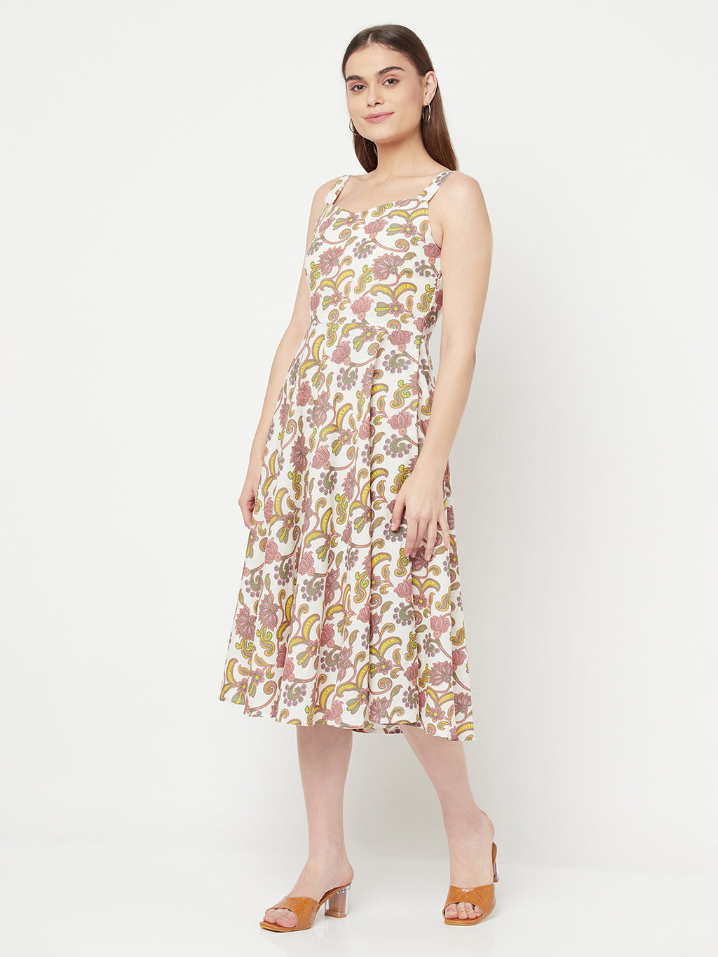 Pink floral maxi dress in Cotton. Crafted with strappy details on shoulder. This  sleeveless dress comes with a circular flare & Maxi length.