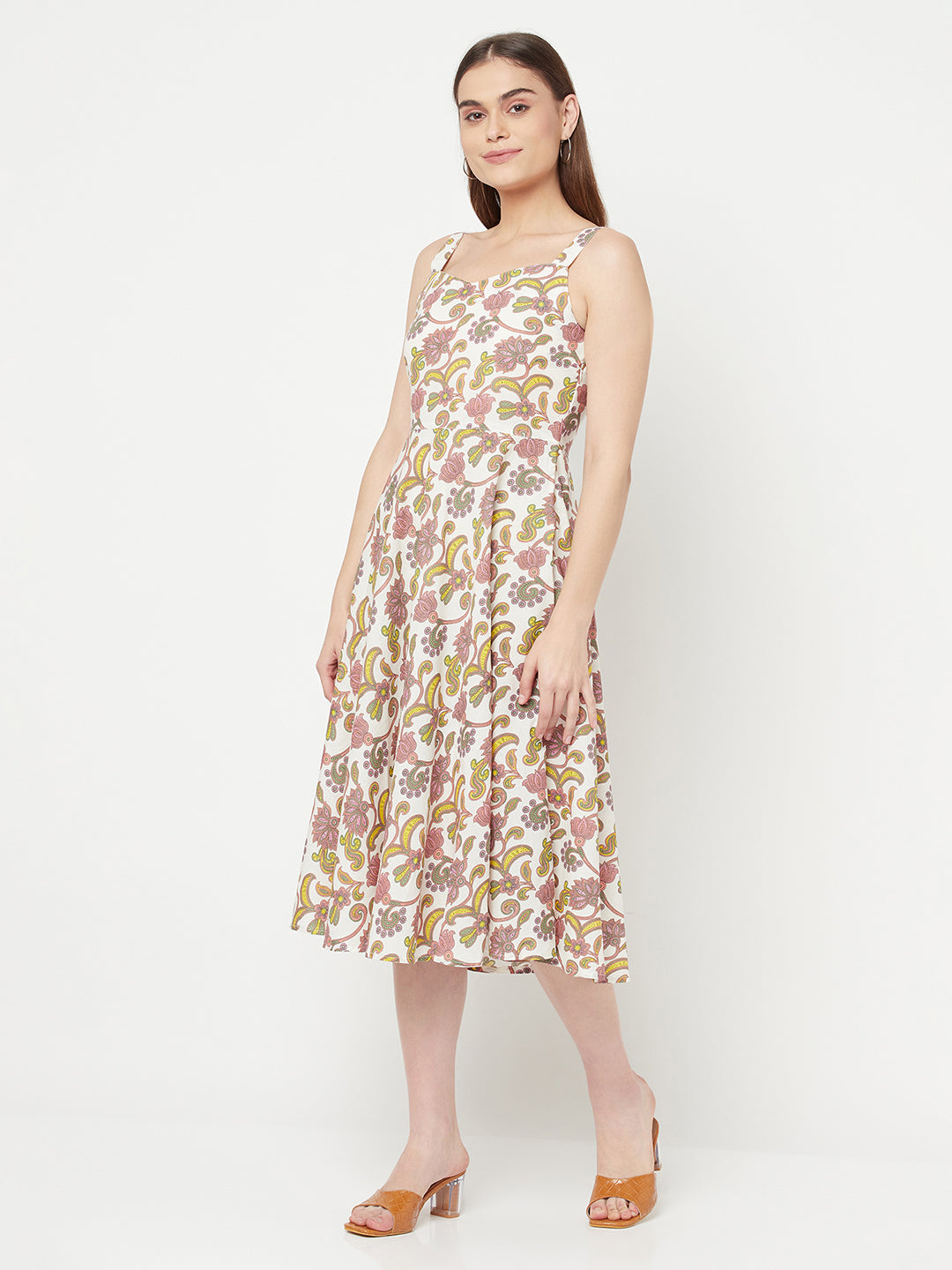 Pink floral maxi dress in Cotton. Crafted with strappy details on shoulder. This  sleeveless dress comes with a circular flare & Maxi length.