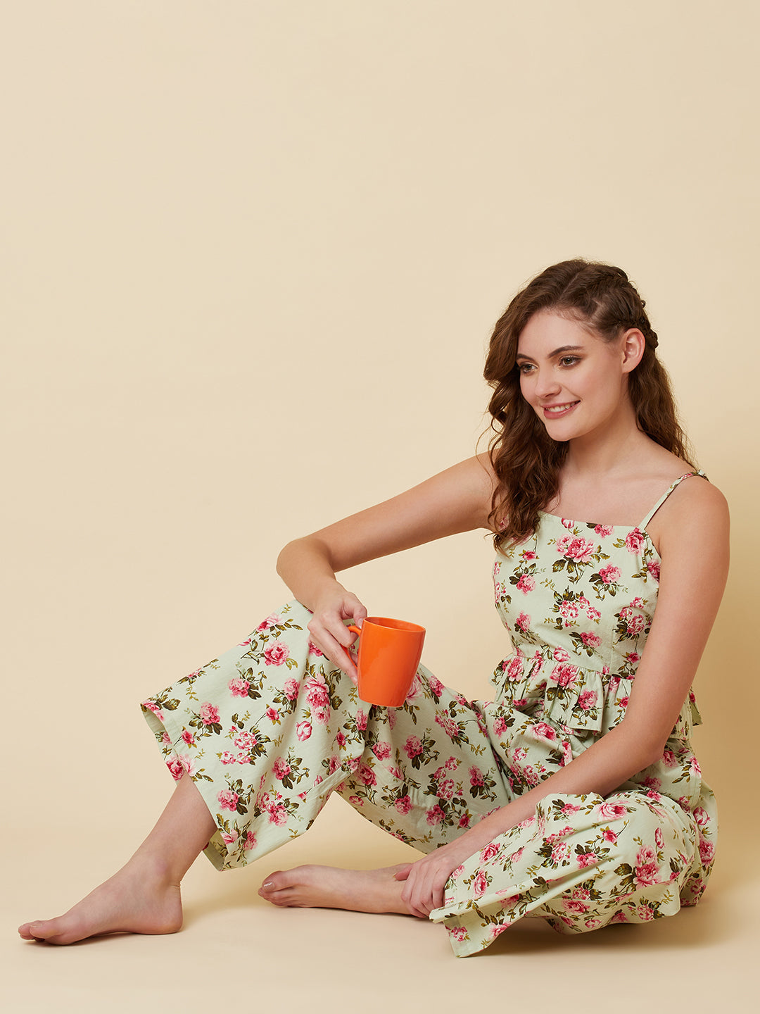 Green Color Floral Printed Night Suit For Women