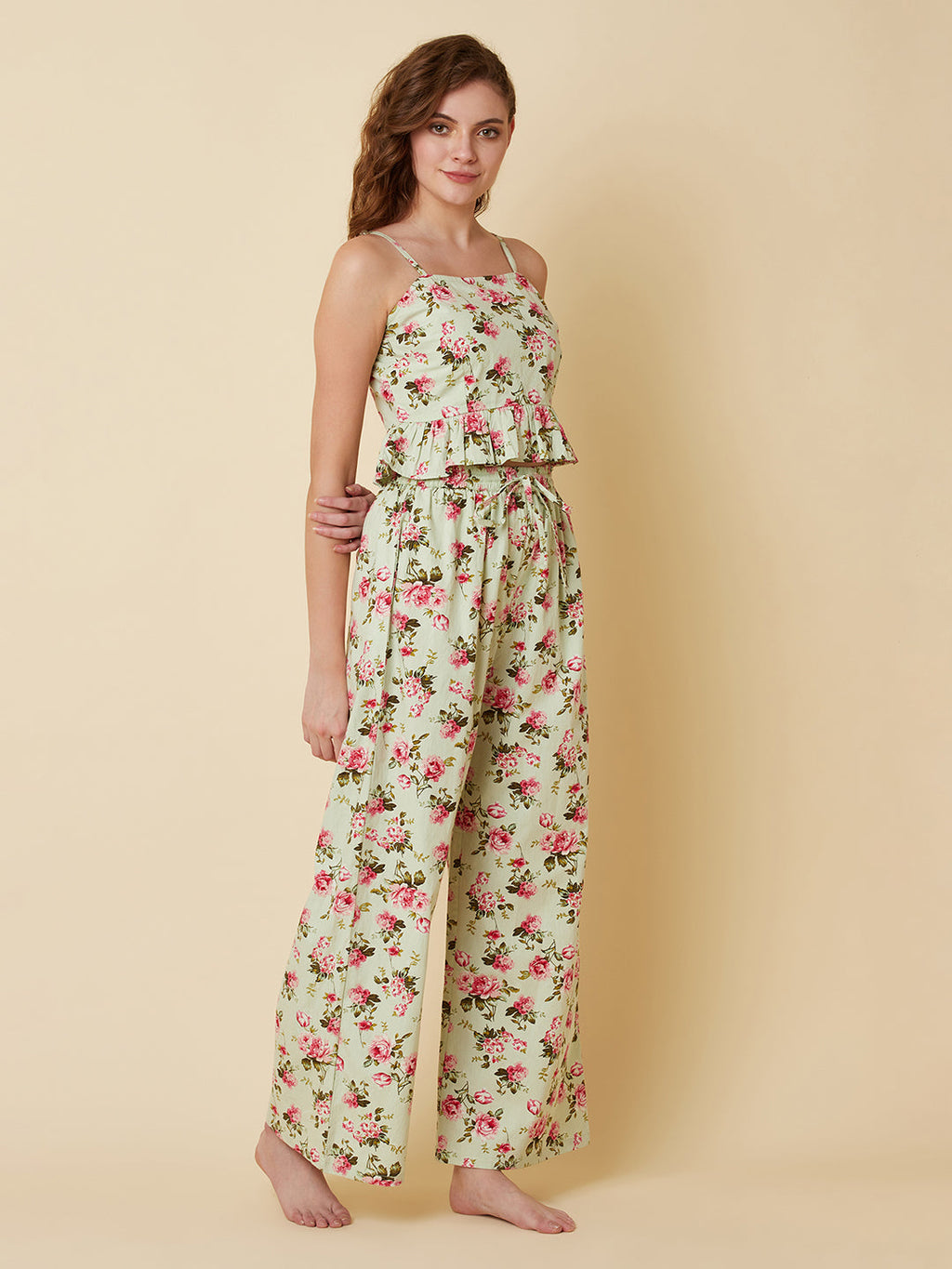 Green Color Floral Printed Night Suit For Women