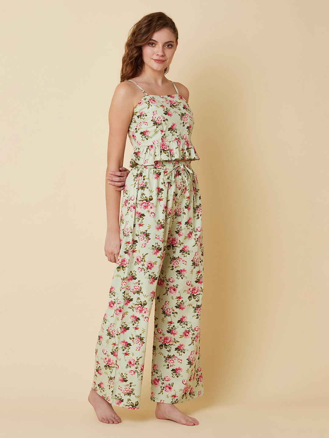 Green Color Floral Printed Night Suit For Women
