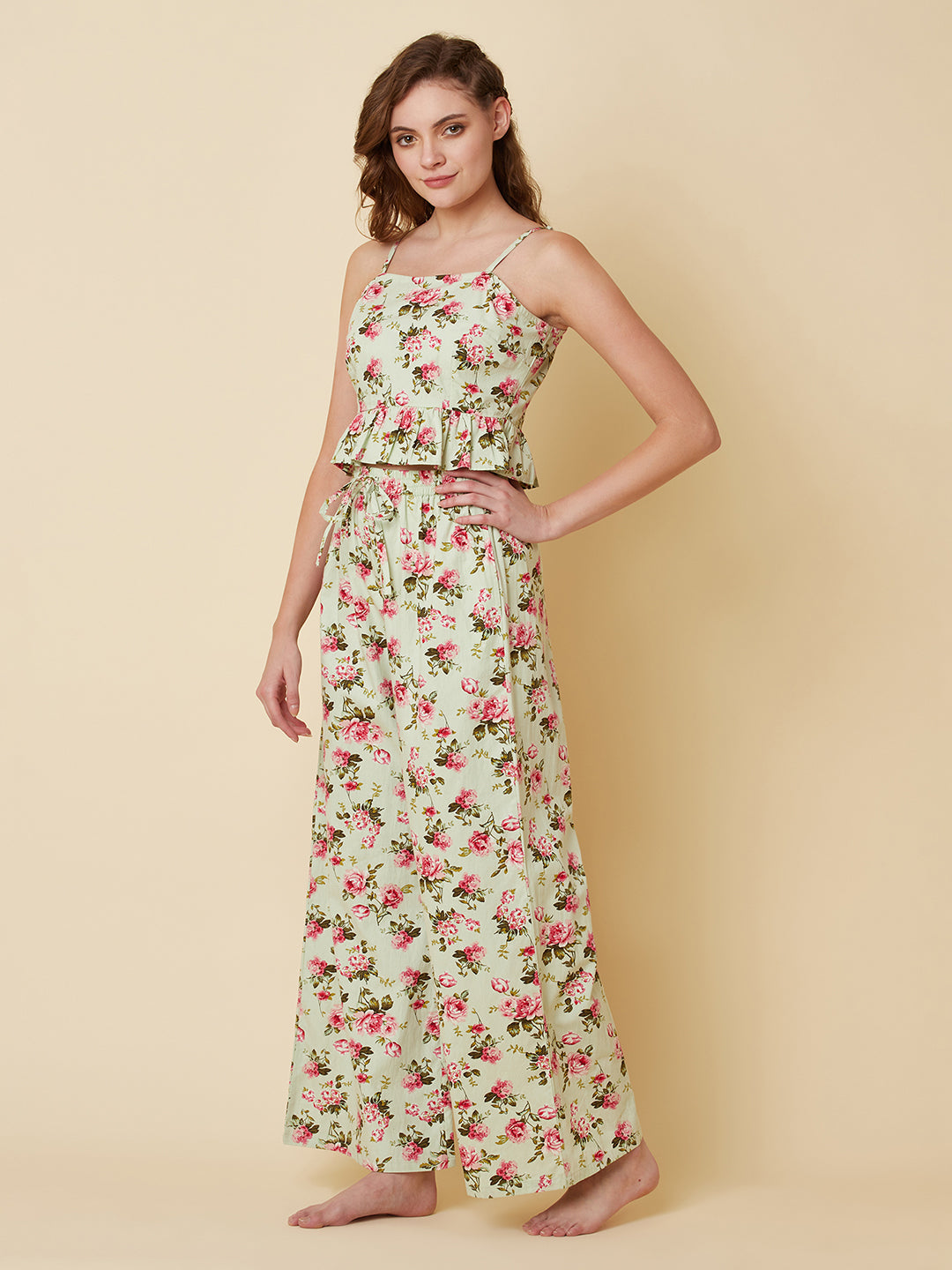 Green Color Floral Printed Night Suit For Women
