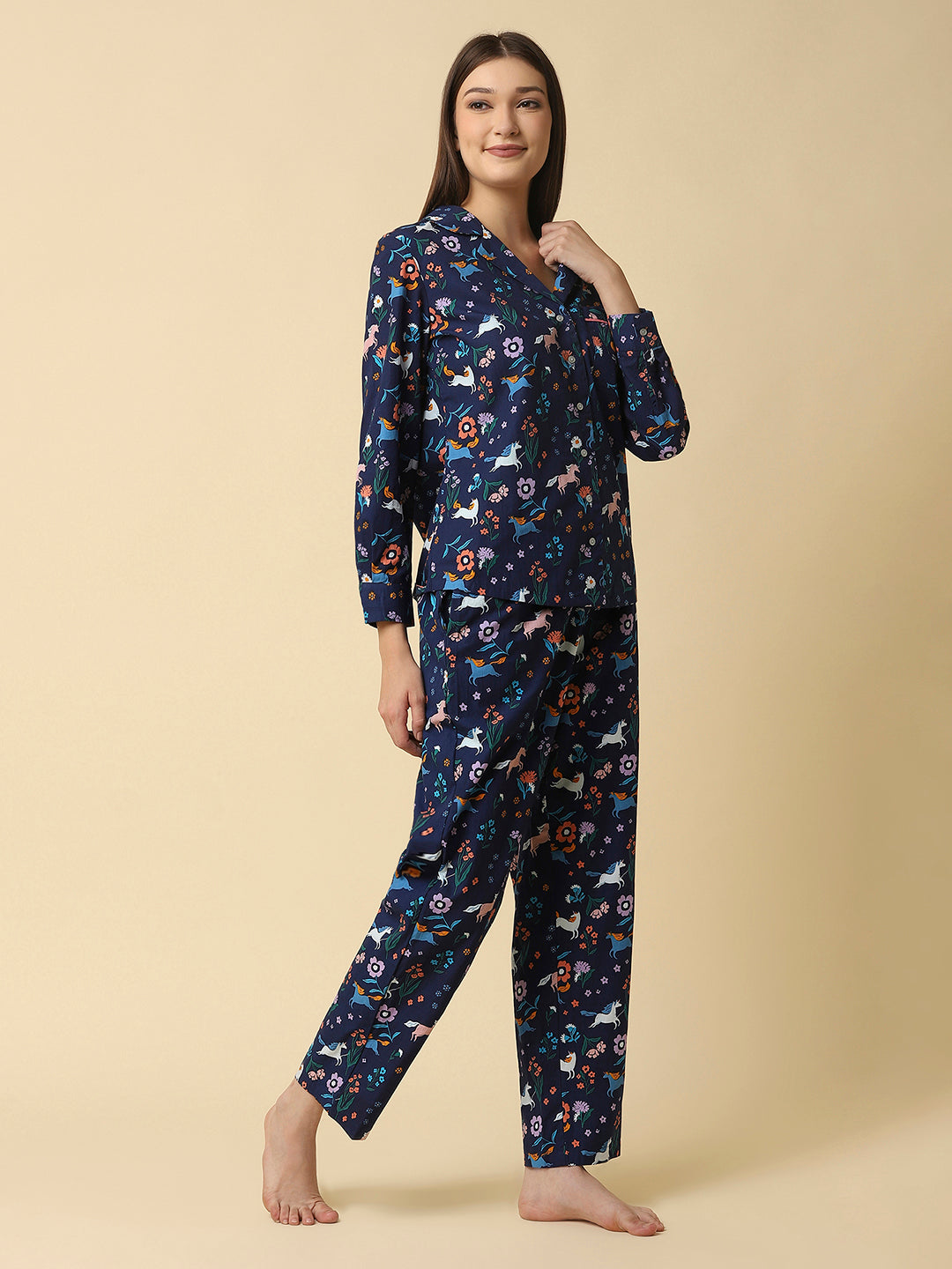 Blue printed cotton night suit for women is a comfortable and stylish sleepwear option that is perfect for warm summer nights or for lounging around the house. The night suit consists of a top and a bottom, both made of lightweight and breathable cotton fabric that ensures a comfortable and relaxed fit.