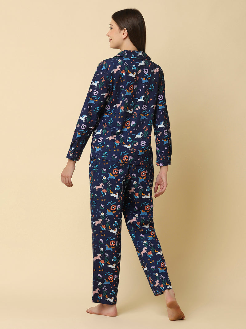 Blue printed cotton night suit for women is a comfortable and stylish sleepwear option that is perfect for warm summer nights or for lounging around the house. The night suit consists of a top and a bottom, both made of lightweight and breathable cotton fabric that ensures a comfortable and relaxed fit.