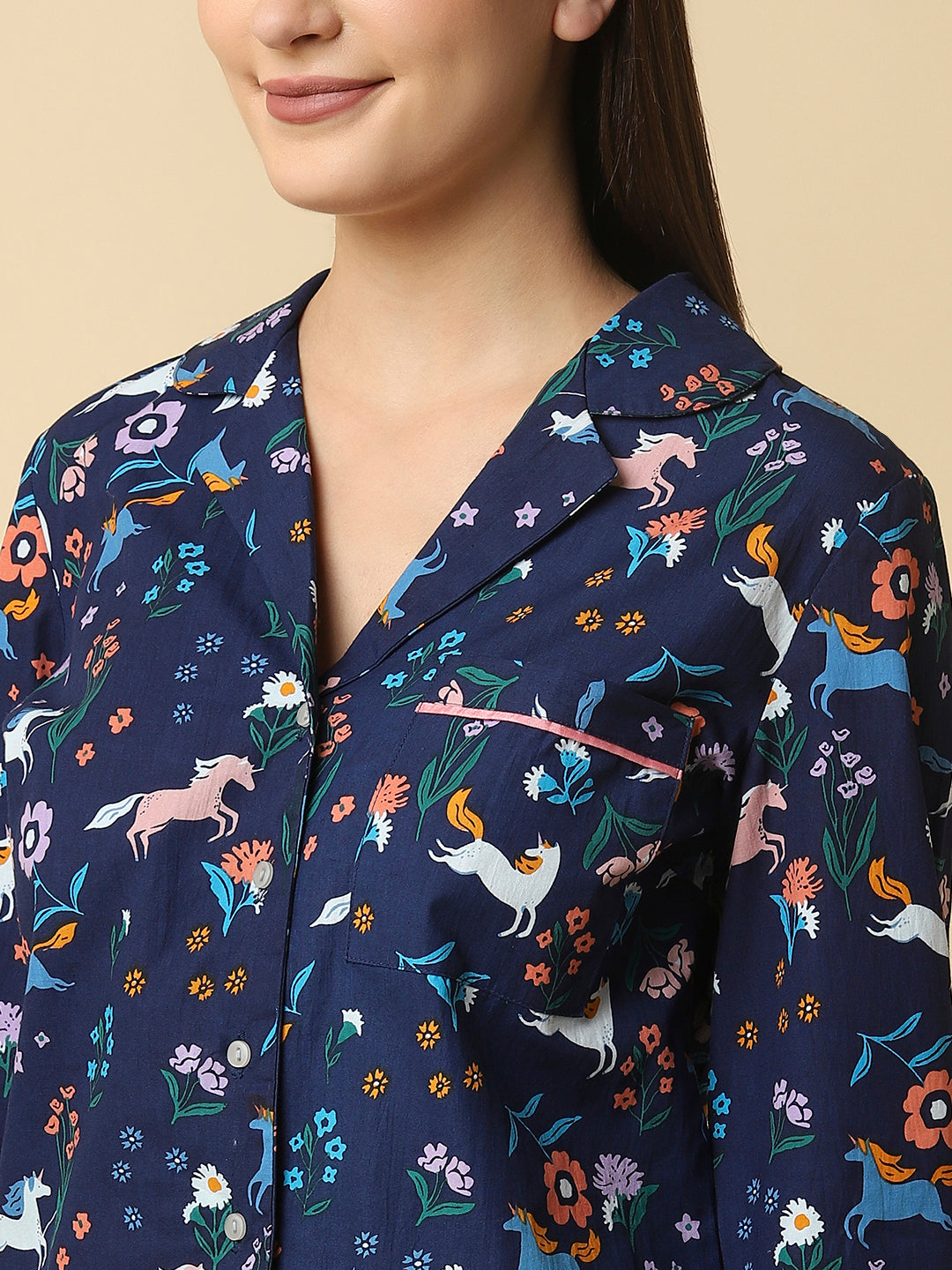 Blue printed cotton night suit for women is a comfortable and stylish sleepwear option that is perfect for warm summer nights or for lounging around the house. The night suit consists of a top and a bottom, both made of lightweight and breathable cotton fabric that ensures a comfortable and relaxed fit.