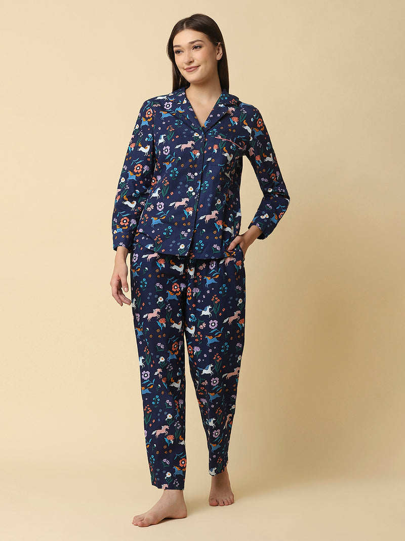 Blue printed cotton night suit for women is a comfortable and stylish sleepwear option that is perfect for warm summer nights or for lounging around the house. The night suit consists of a top and a bottom, both made of lightweight and breathable cotton fabric that ensures a comfortable and relaxed fit.