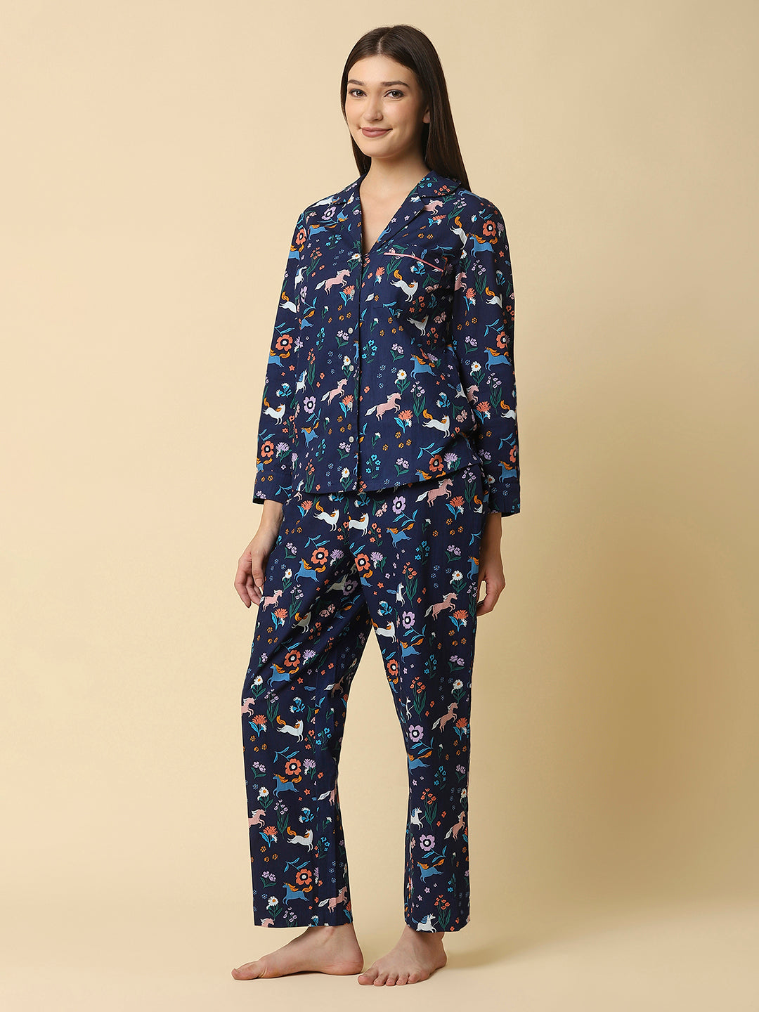 Blue printed cotton night suit for women is a comfortable and stylish sleepwear option that is perfect for warm summer nights or for lounging around the house. The night suit consists of a top and a bottom, both made of lightweight and breathable cotton fabric that ensures a comfortable and relaxed fit.