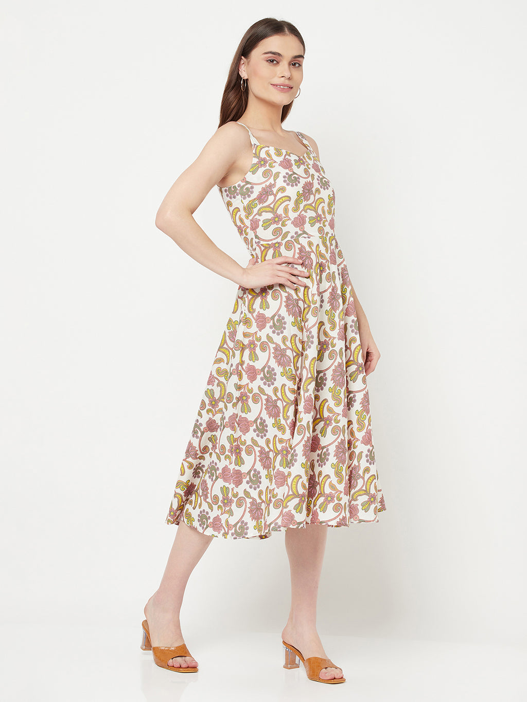 Pink floral maxi dress in Cotton. Crafted with strappy details on shoulder. This  sleeveless dress comes with a circular flare & Maxi length.