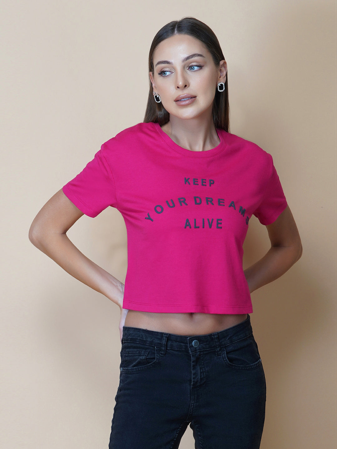 A quote T-shirt for women in pink color is the perfect addition to any fashion-conscious woman's wardrobe. Made from soft and comfortable fabric, this T-shirt is designed to provide a relaxed fit and a comfortable feel. The pink color of the shirt adds a touch of feminine charm to the overall look, making it an ideal choice for those who love to express their femininity in a subtle yet stylish way.