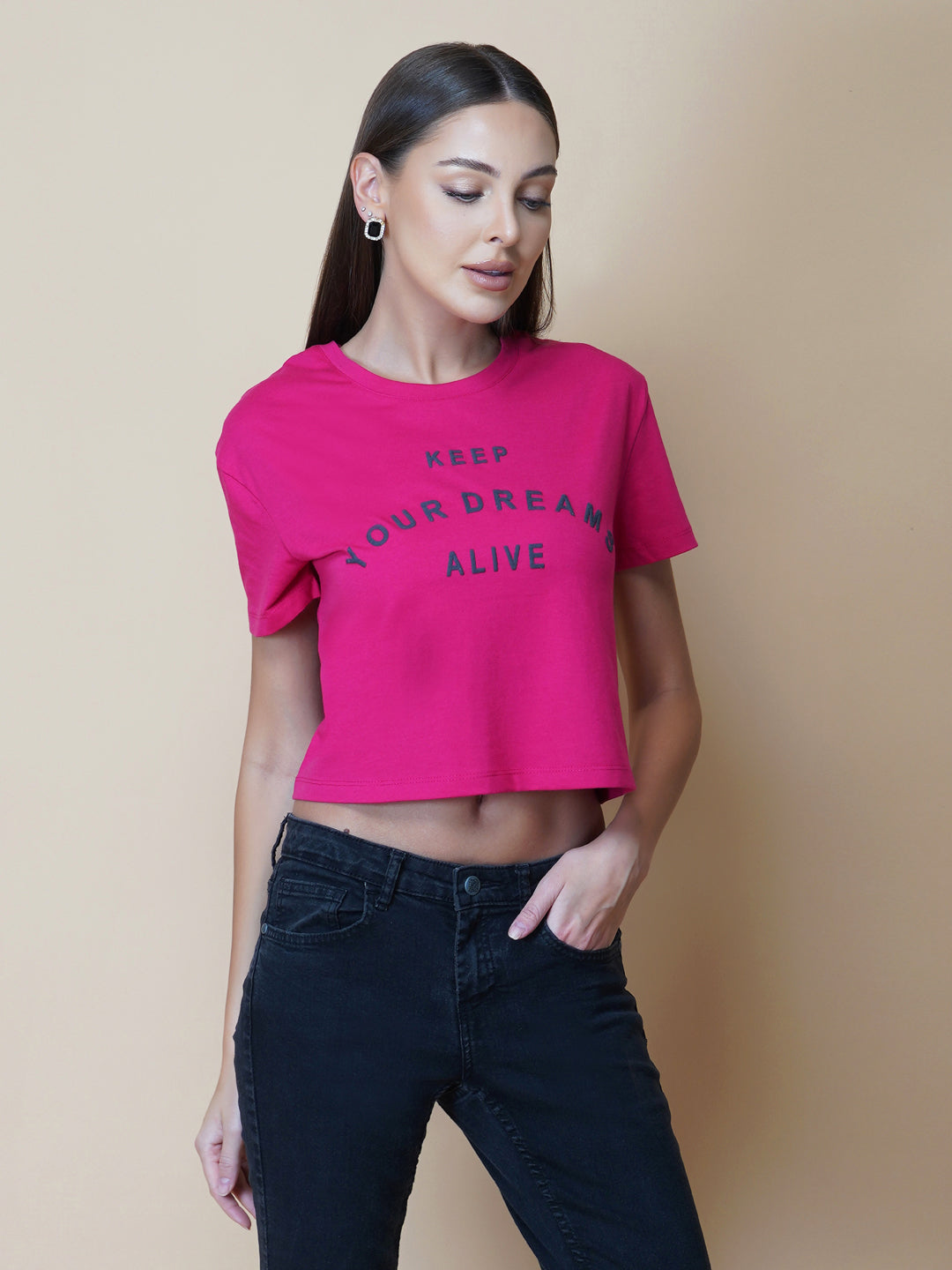 A quote T-shirt for women in pink color is the perfect addition to any fashion-conscious woman's wardrobe. Made from soft and comfortable fabric, this T-shirt is designed to provide a relaxed fit and a comfortable feel. The pink color of the shirt adds a touch of feminine charm to the overall look, making it an ideal choice for those who love to express their femininity in a subtle yet stylish way.