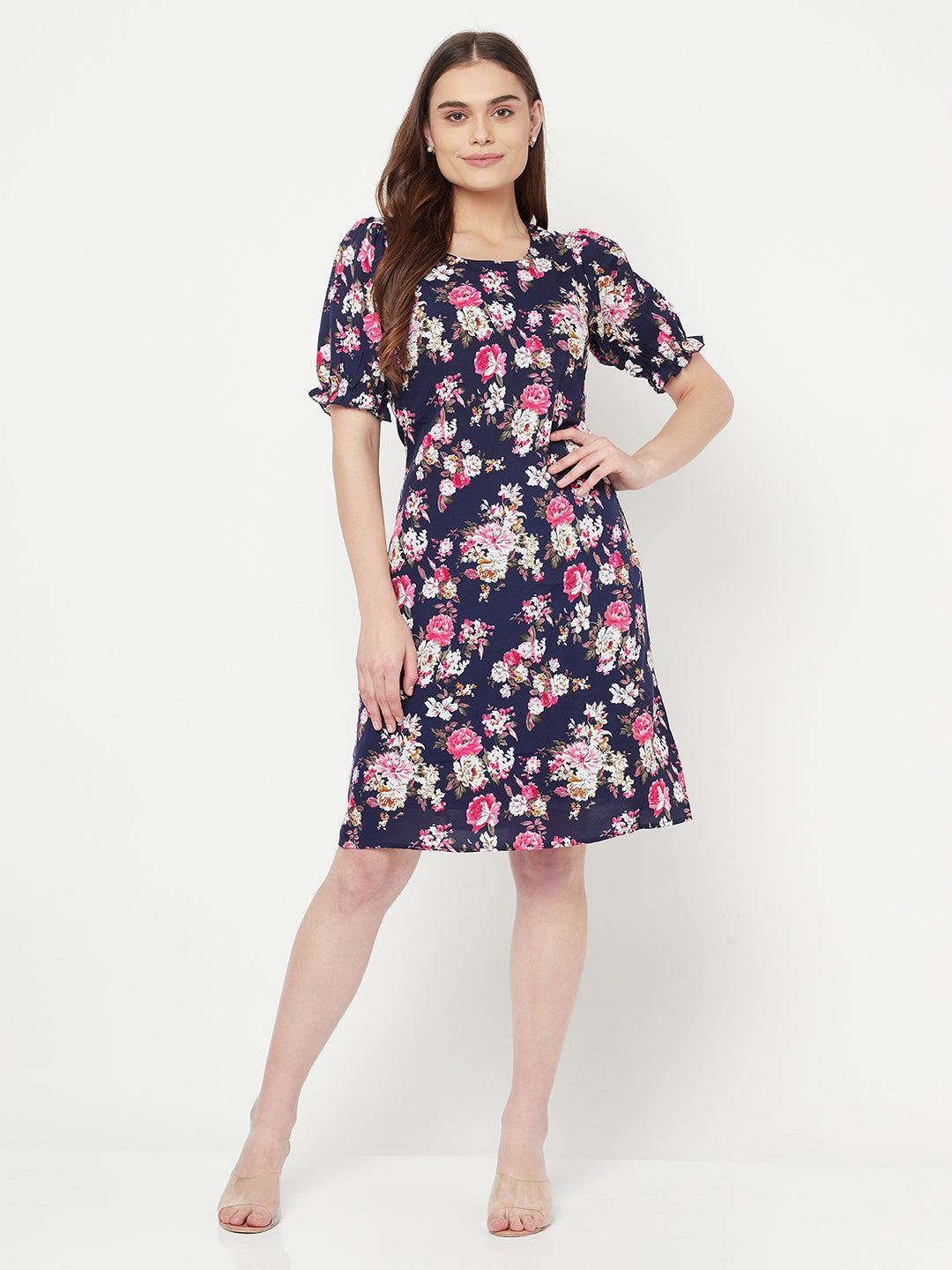 Floral Printed A line short dress with puff sleeve & lining for women.