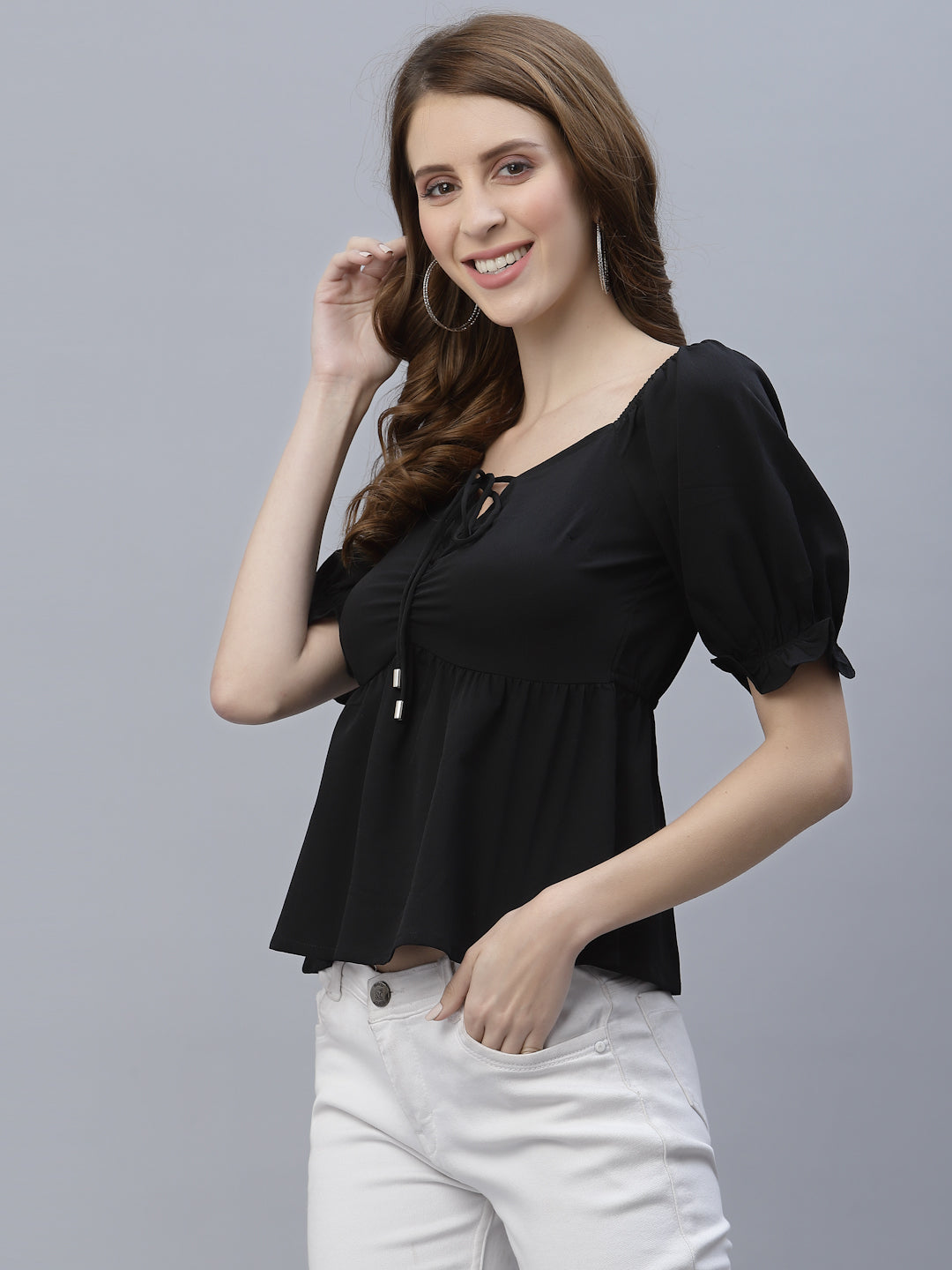 Black Solid Ruched Waist Peplum Top For Women