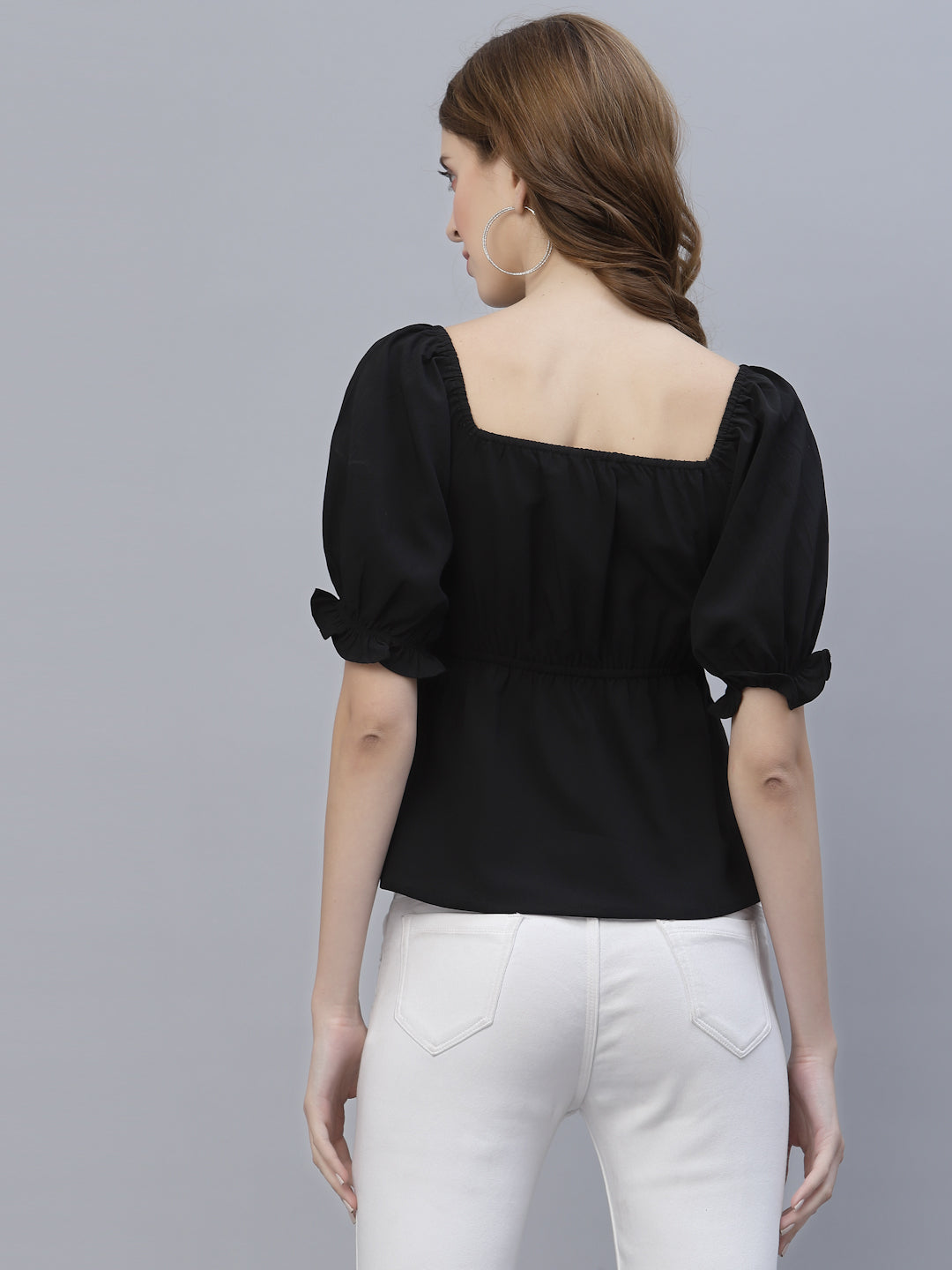 Black Solid Ruched Waist Peplum Top For Women