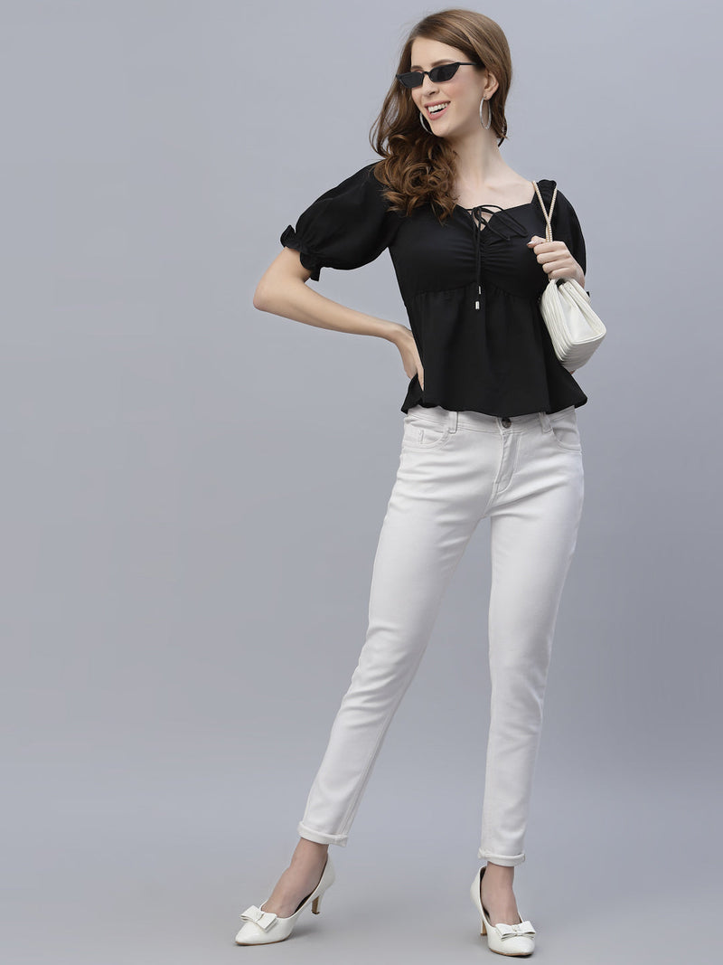 Black Solid Ruched Waist Peplum Top For Women