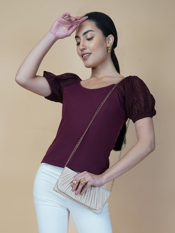 Burgundy Ribbed Women Top With Lace Sleeve