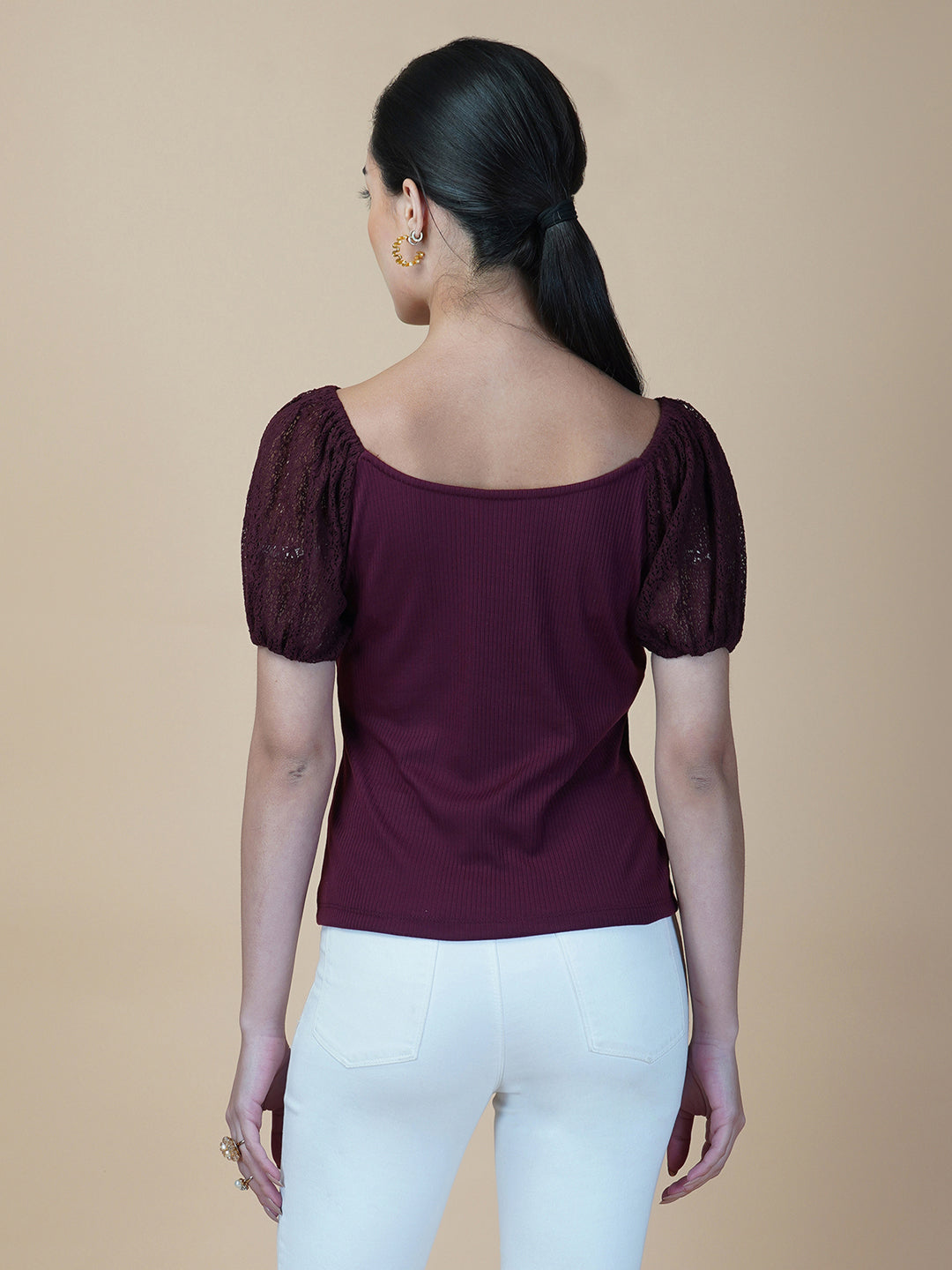 Burgundy Ribbed Women Top With Lace Sleeve