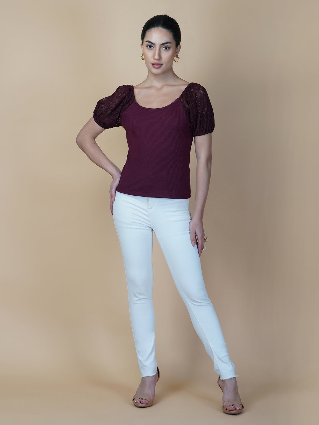 Burgundy Ribbed Women Top With Lace Sleeve