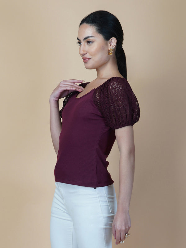 Burgundy Ribbed Women Top With Lace Sleeve