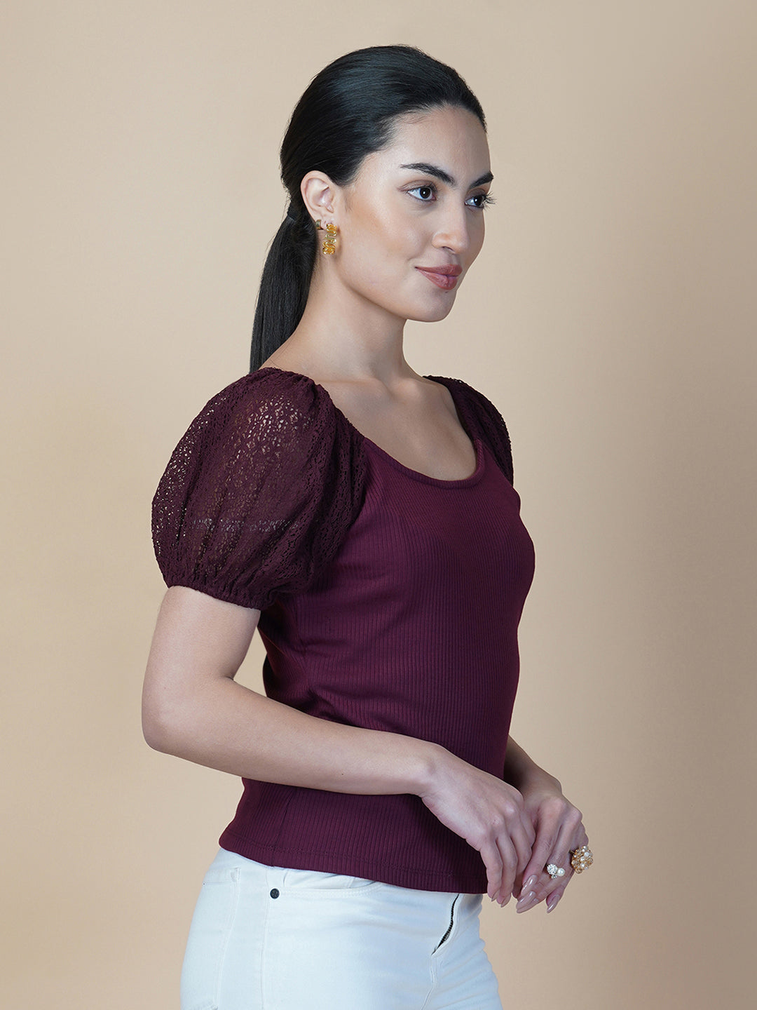 Burgundy Ribbed Women Top With Lace Sleeve