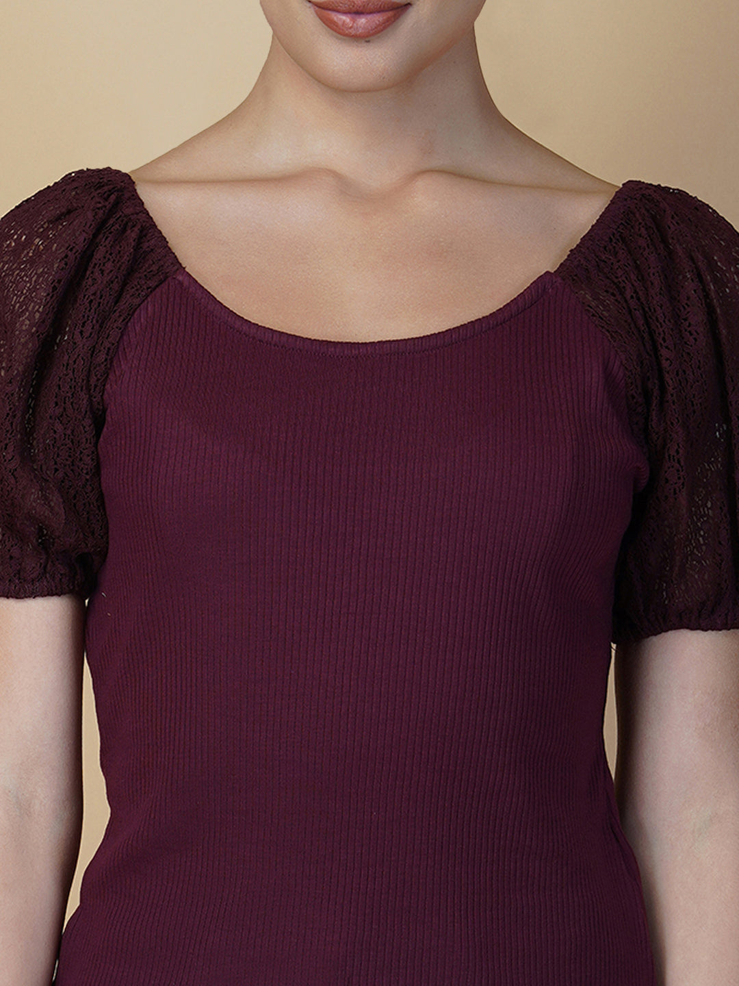 Burgundy Ribbed Women Top With Lace Sleeve