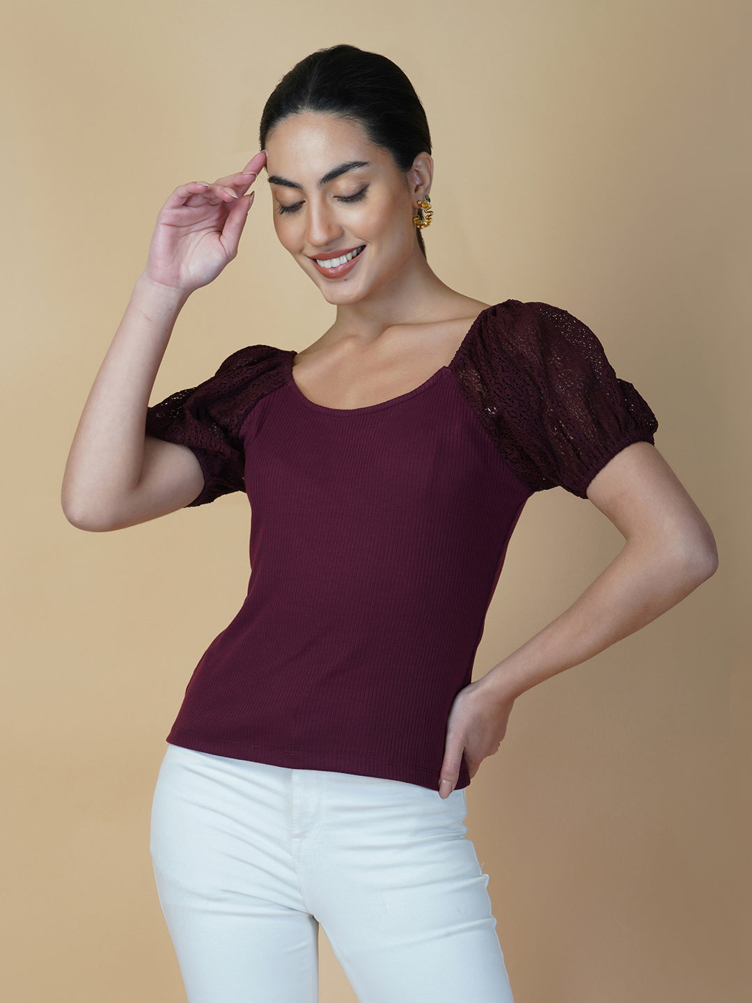Burgundy Ribbed Women Top With Lace Sleeve