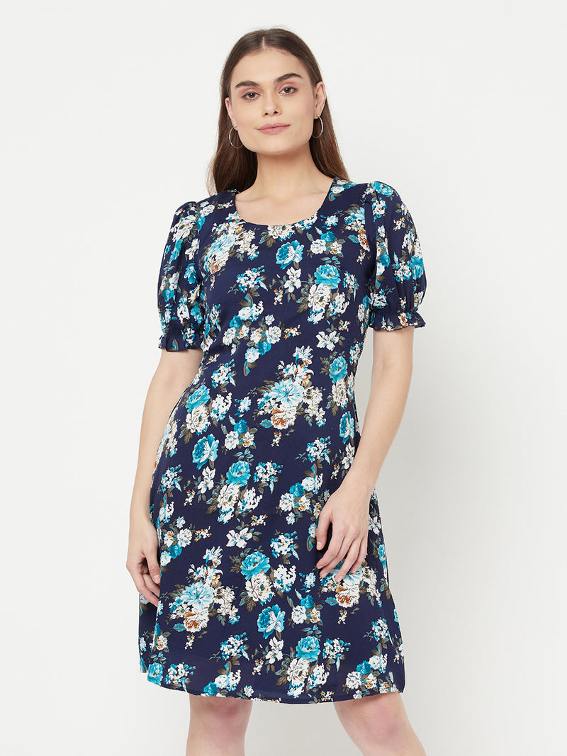 Floral Printed A line short dress with puff sleeve & lining for women.