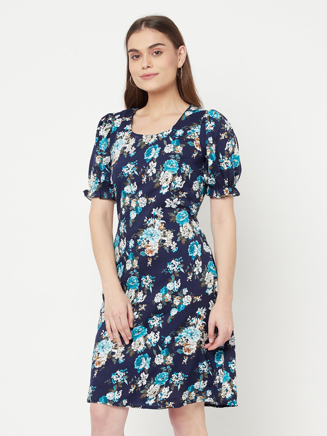 Floral Printed A line short dress with puff sleeve & lining for women.