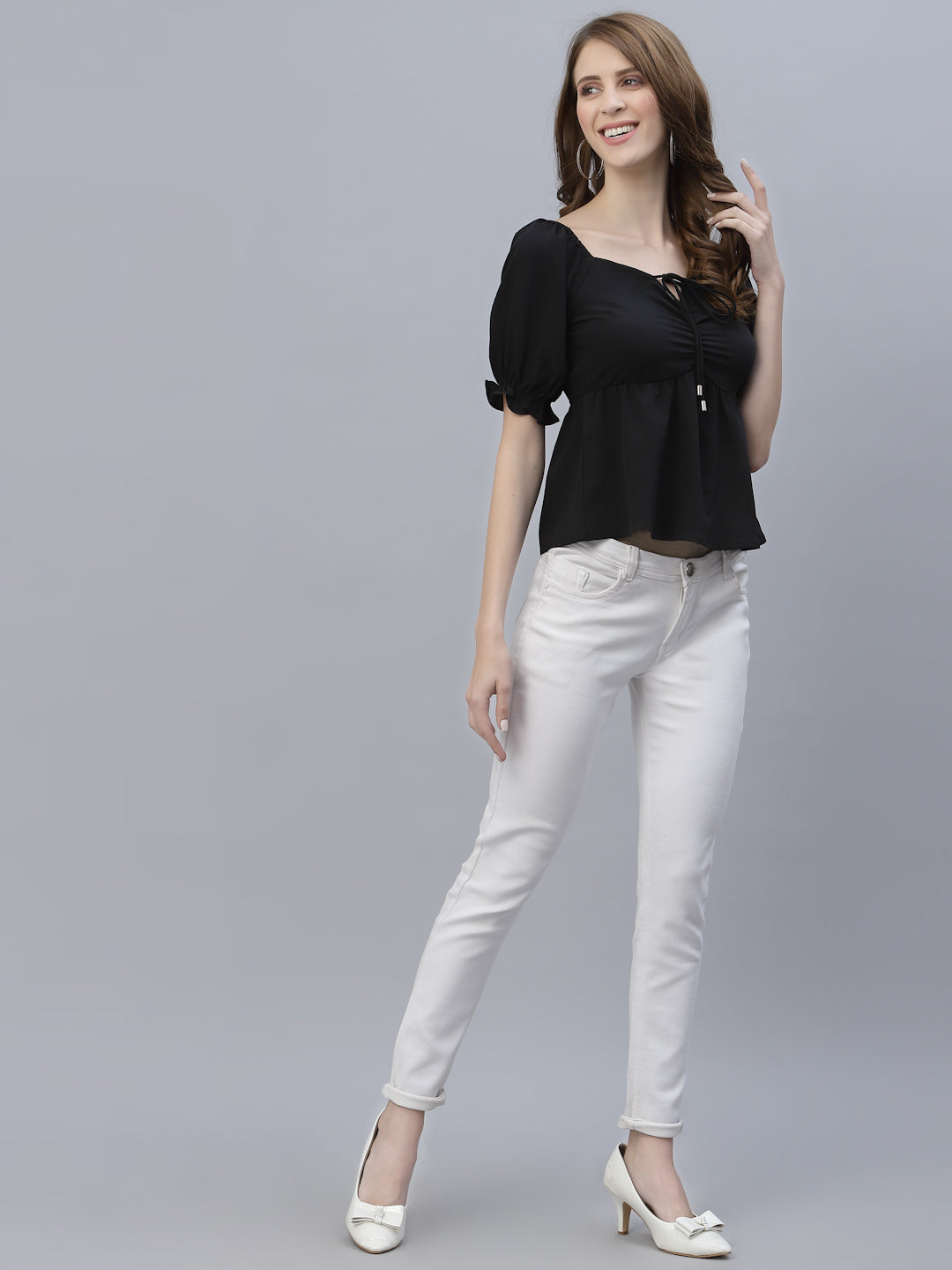 Black Solid Ruched Waist Peplum Top For Women