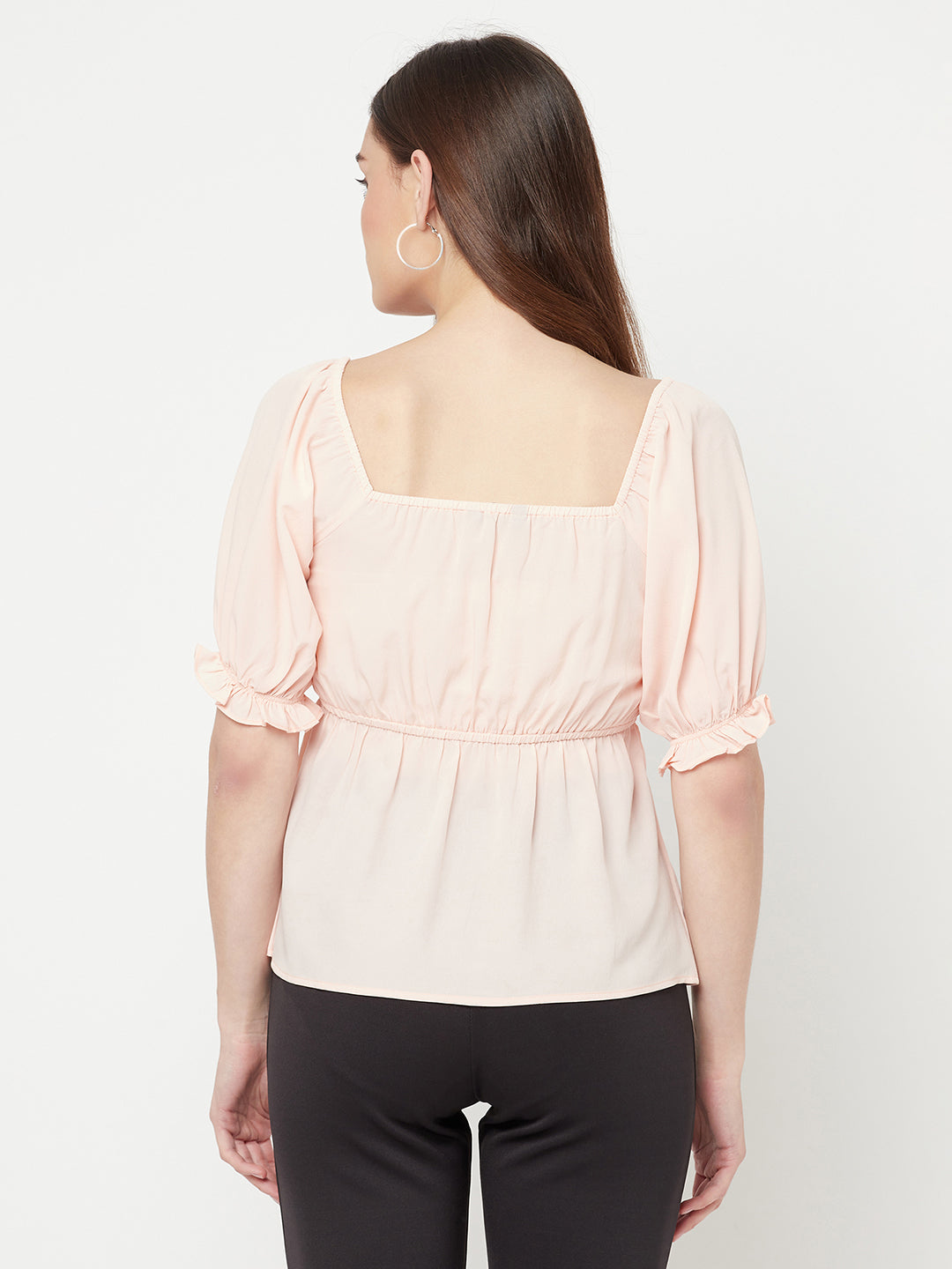 Peach Solid Ruched Waist Peplum Top For Women