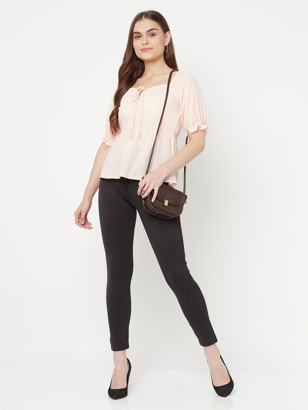 Peach Solid Ruched Waist Peplum Top For Women