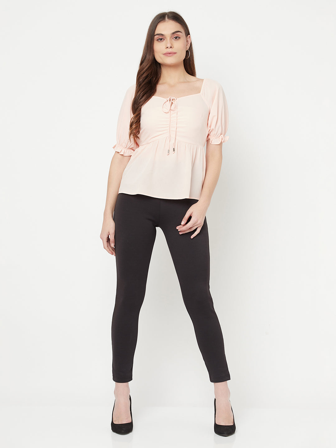 Peach Solid Ruched Waist Peplum Top For Women