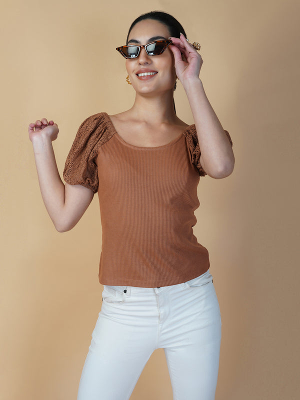 Brown Ribbed Women Top With Lace Sleeve