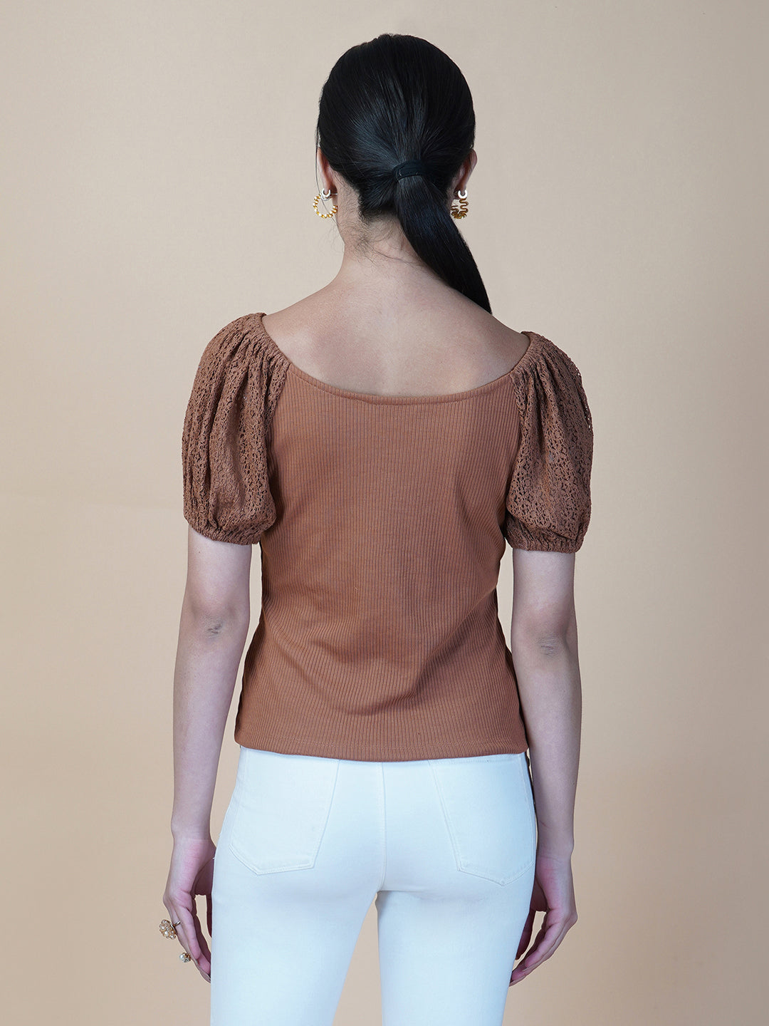 Brown Ribbed Women Top With Lace Sleeve