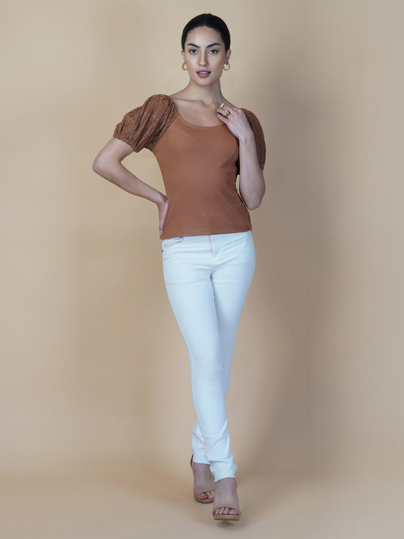 Brown Ribbed Women Top With Lace Sleeve