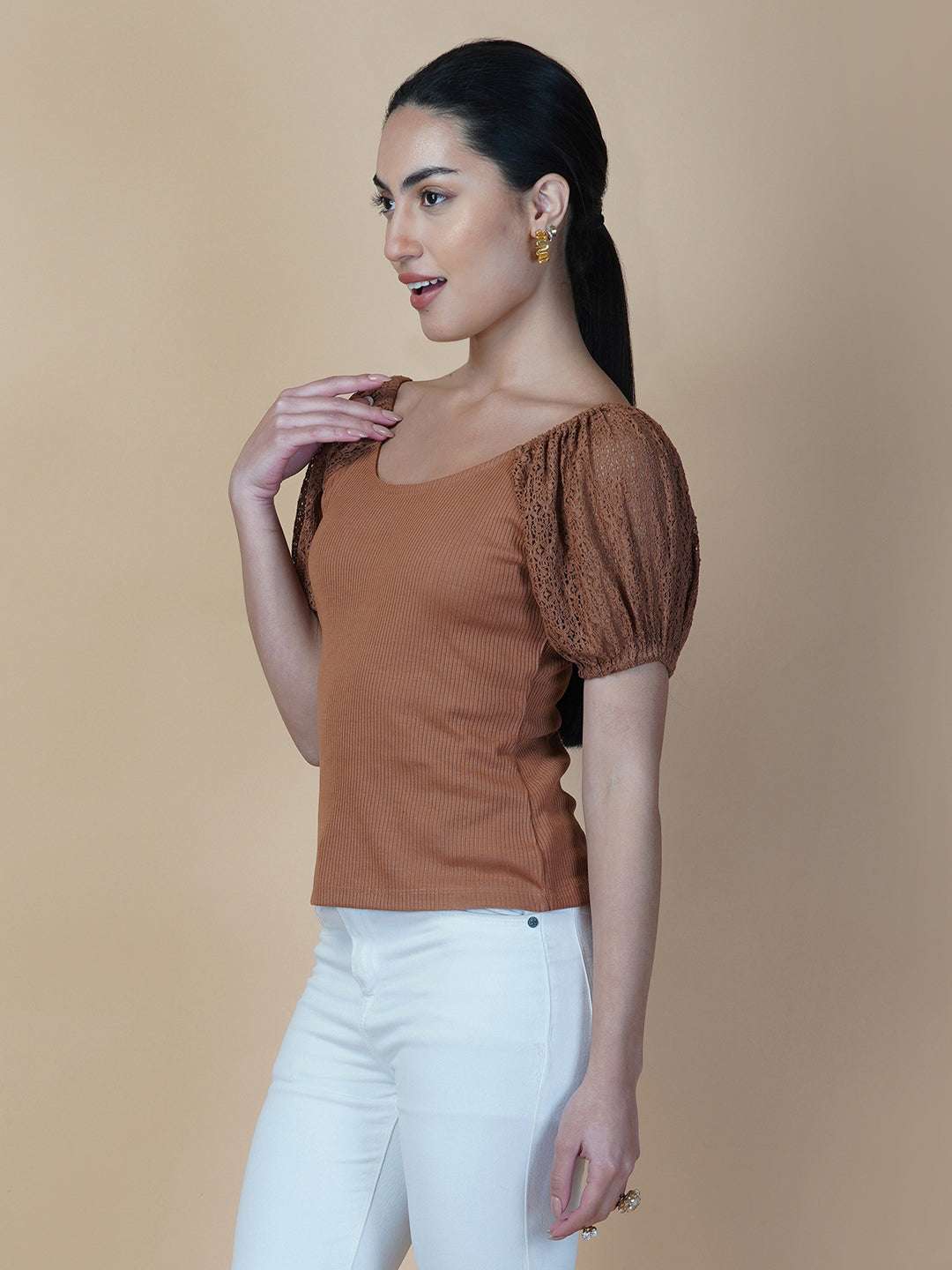 Brown Ribbed Women Top With Lace Sleeve