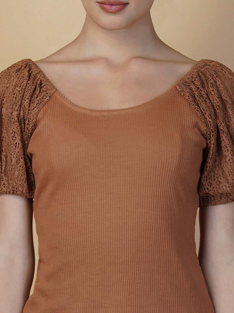 Brown Ribbed Women Top With Lace Sleeve