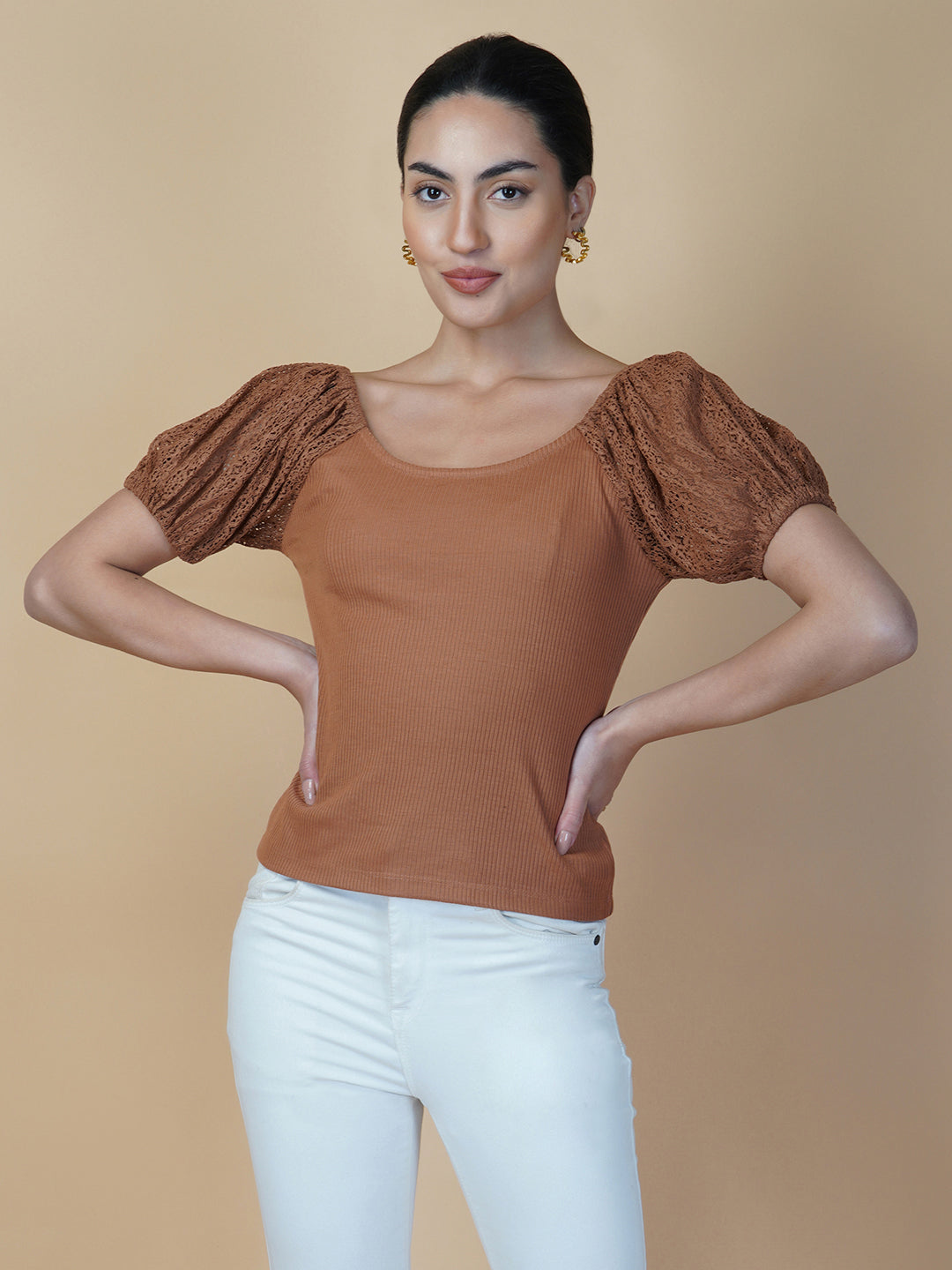 Brown Ribbed Women Top With Lace Sleeve