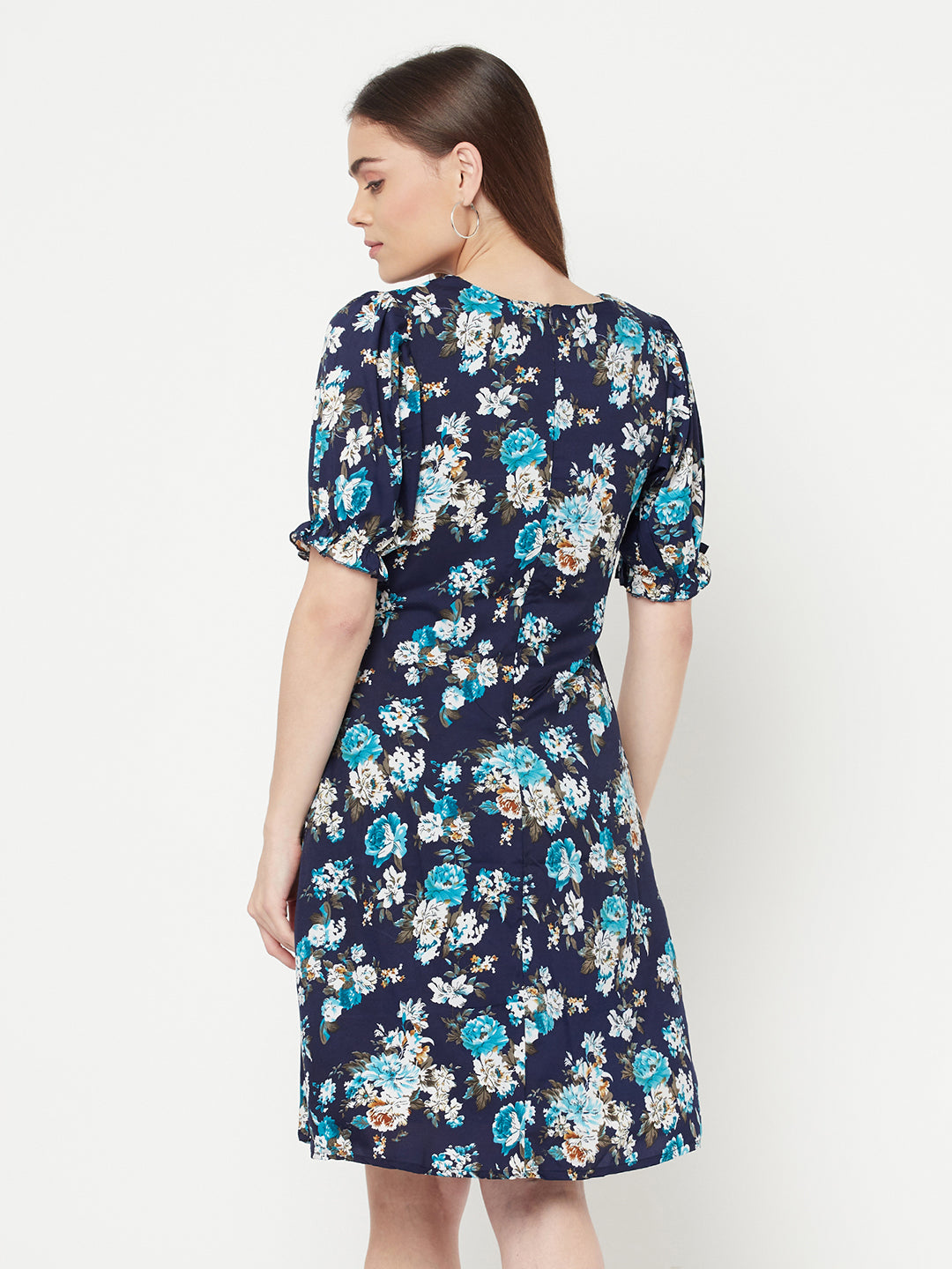 Floral Printed A line short dress with puff sleeve & lining for women.