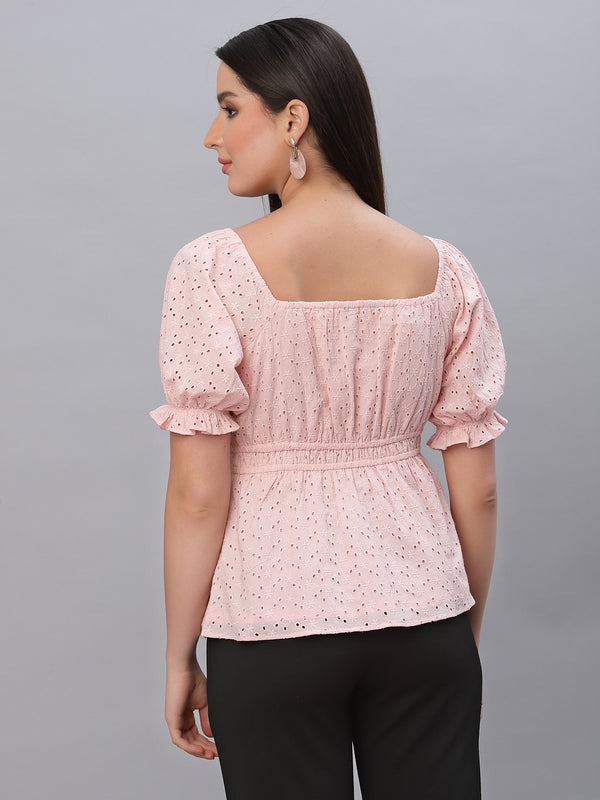 Pink Cotton Schiffli Women Top With Ruched Waist And Lining