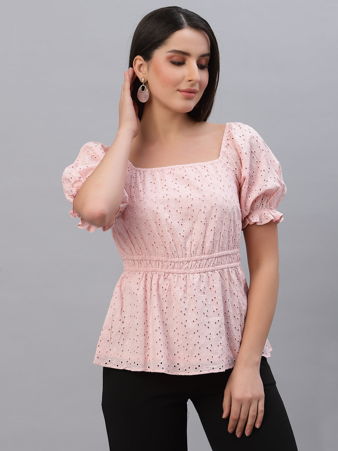 Pink Cotton Schiffli Women Top With Ruched Waist And Lining