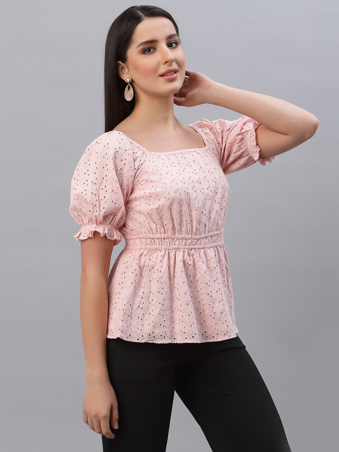 Pink Cotton Schiffli Women Top With Ruched Waist And Lining