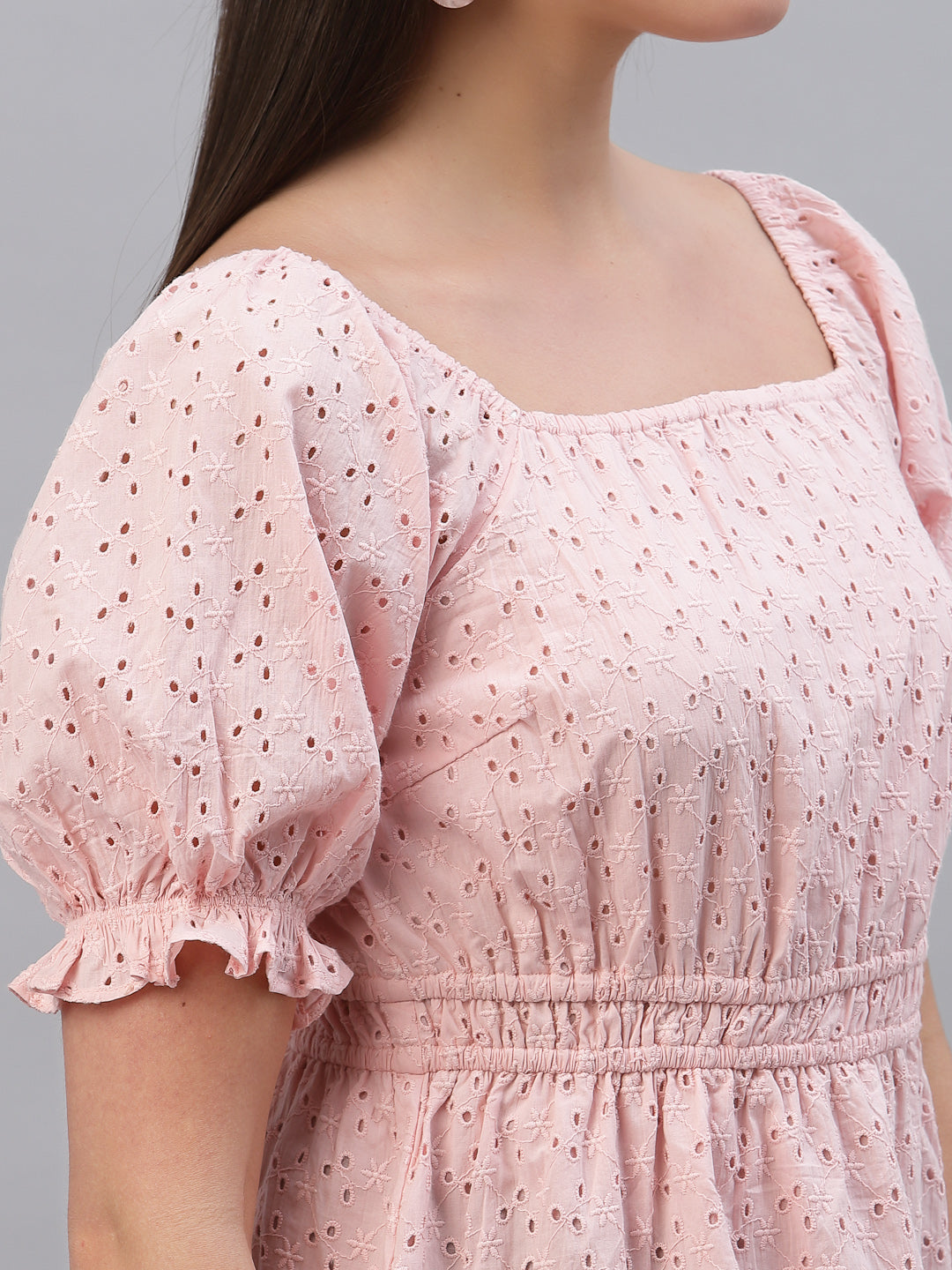 Pink Cotton Schiffli Women Top With Ruched Waist And Lining