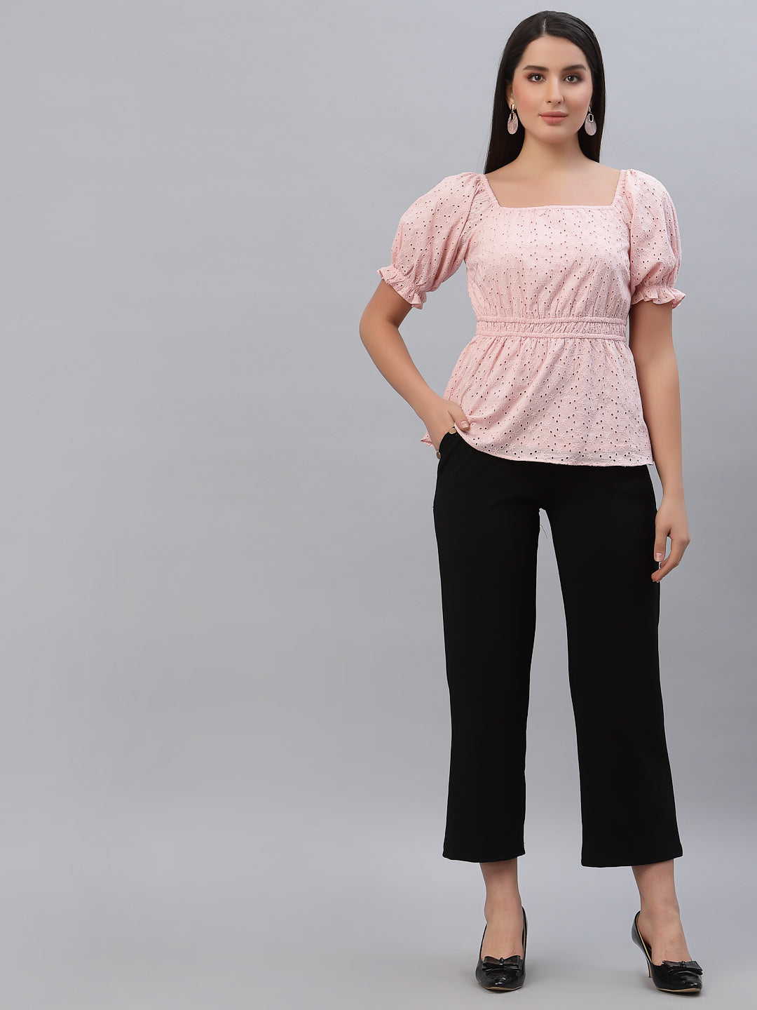 Pink Cotton Schiffli Women Top With Ruched Waist And Lining