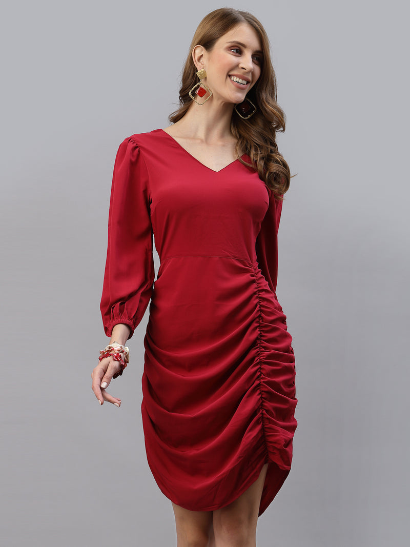 Bodycon Ruched Women Dress With Bell Sleeve