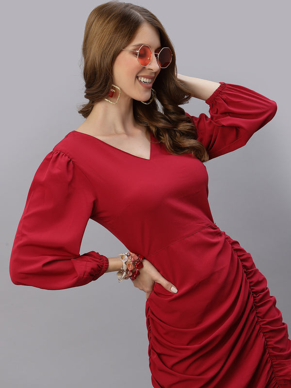 Bodycon Ruched Women Dress With Bell Sleeve
