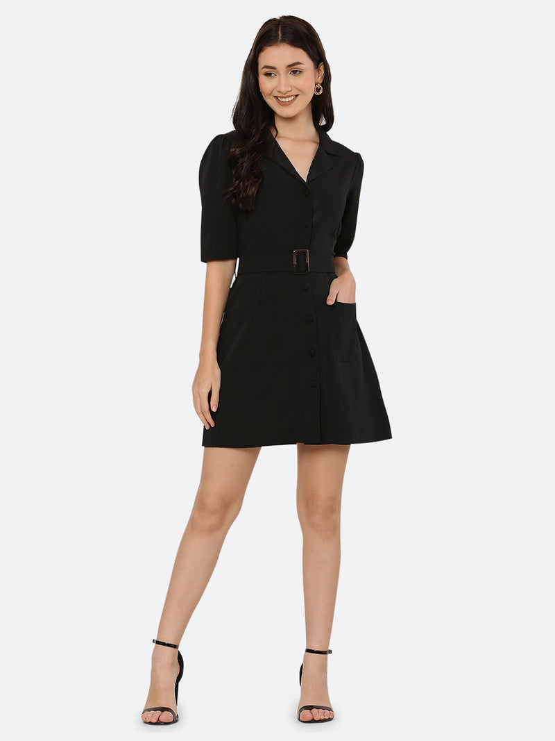 Black Solid Short Dress With Tailored Collar & Belt
